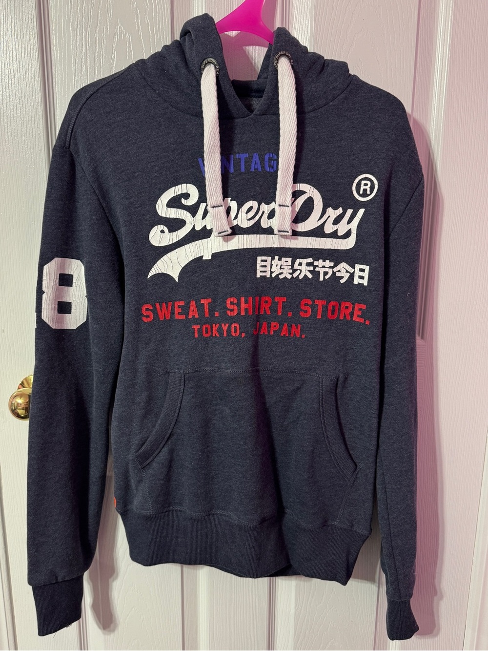 Superdry Men's Navy Logo Pullover Hoodie with White Drawcords